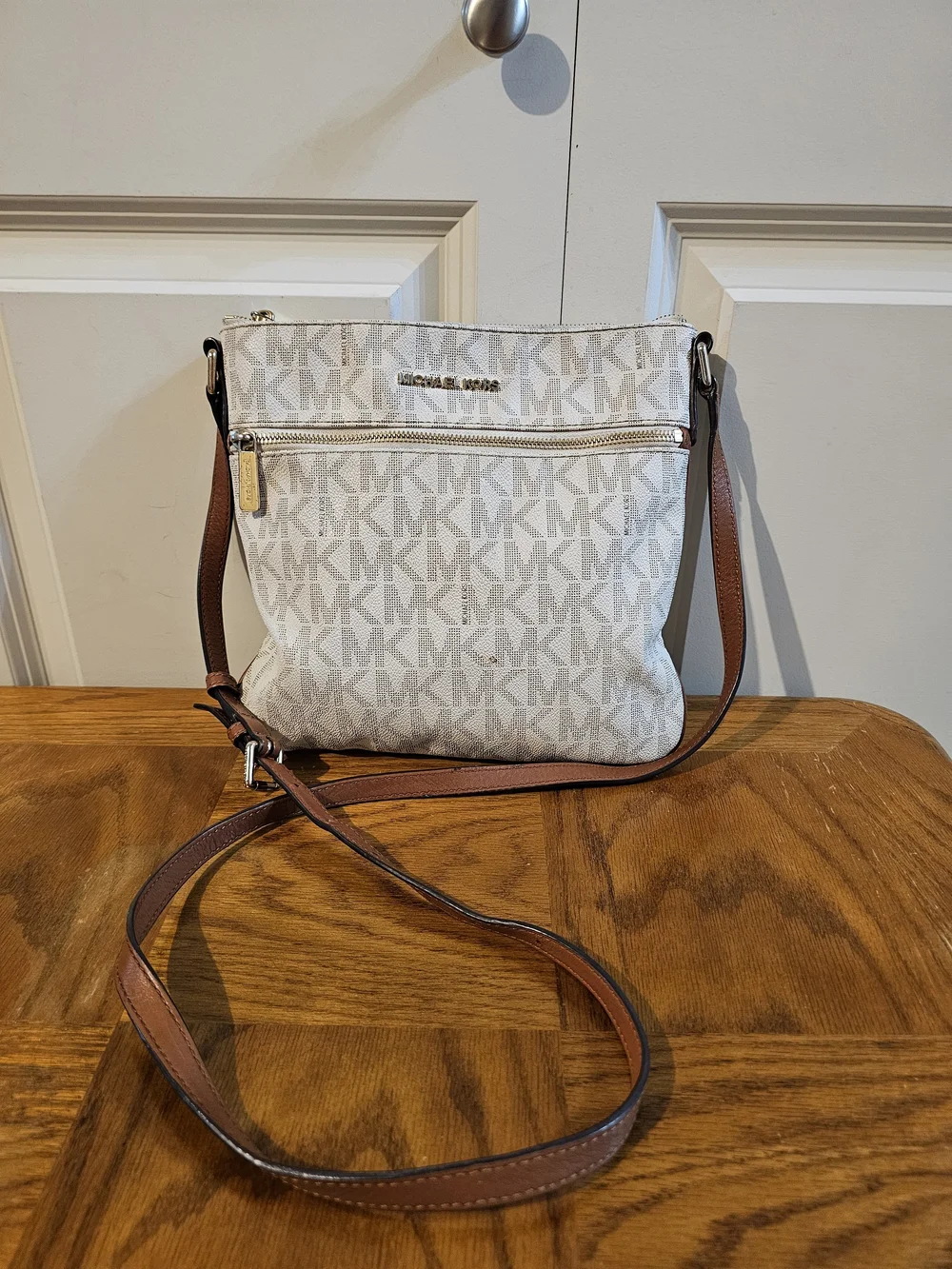 Michael Kors White Logo Crossbody Bag with Brown Strap